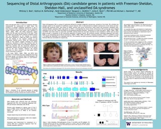 Materials and Methods
Sequencing of Distal Arthrogryposis (DA) candidate genes in patients with Freeman-Sheldon,
Sheldon-Hall, and unclassified DA syndromes
Whitney S. Best1, Kathryn M. Bofferding1, Heidi Gildersleeve1 Margaret J. McMillin1,2, Anita E. Beck1,2, PhD MD and Michael J. Bamshad1,2,3, MD
1Department of Pediatrics, University of Washington, Seattle WA
2Seattle Children’s Hospital, Seattle, WA
3Department of Genome Sciences, University of Washington, Seattle WA
Introduction
Figure 1. Schematic of the contractile apparatus of skeletal
muscle. Grey text denotes the names of the protein subunits. Red
text corresponds to the gene screened which encodes the subunit.
Figure 3. Gene schematics, Electropherograms of Exon 17 of MYH3, and FSS pedigree. The
individual affected with FSS has a heterozygous mutation at c.2014C>T. DNA from additional family
members was unavailable for sequencing. Electropherograms identify DNA sequence for FSS mutation
and wild type allele at location c.2014.
Results
Abstract
Distal Arthrogryposis (DA) is a group of congenital disorders
characterized by contractures of distal limbs. The
incidence of multiple congenital contractures is one in
three thousand births. Individuals with DA are cognitively
normal. Previous studies have shown that mutations in
TNNT3, TNNI2, TPM2, and MYH3 collectively explain
roughly 30% SHS cases and nearly 95% of FSS cases. These
four genes each encode protein subunits of skeletal muscle
and are hypothesized to be involved in muscular
contraction. Mutations in TNNI2 and TNNT3 may interfere
with the binding of the troponin complex to the
tropomyosin filament and/or inhibit the conformational
change of the troponin complex necessary for muscle
contraction. Mutations in MYH3 may interfere with the
binding of the myosin head to actin filaments. Mutations in
TPM2 may interfere with the interaction between the
tropomyosin filament and the binding site for the myosin
head on the actin filament. However, the precise
mechanism by which mutations in these genes affect
muscle contraction is unknown.
In this study, TNNT3, TNNI2, TPM2, and MYH3 were
screened in 19 individuals who were categorized into three
phenotype groups: un-classified Distal Arthrogryposis (UN
DA) n=13, Sheldon-Hall syndrome (SHS) n=5, and Freeman-
Sheldon syndrome (FSS) n=1.
•DNA samples were collected from one individual
diagnosed with FSS, five individuals diagnosed with
SHS and thirteen individuals with UN DA.
•Primers were designed to capture each of the 9
exons of TPM2, exons 17 and 18 of MYH3, exon 10 of
TNNT3, and exon 8 of TNNI2 in all nineteen
individuals.
•Sanger sequencing was performed on each sample.
•Electropherograms of sequence reads were aligned
in Codon Code Aligner software.
•Mutations were determined by comparison to a
control DNA and a reference sequence from the
Ensembl database (GRCh37).
Affected female and male Unaffected female and male
Key
Distal Arthrogryposis (DA) is a group of syndromes defined by multiple congenital contractures, primarily of the limbs. DA is divided into
subtypes based on the presence of additional clinical features. DA1 is characterized by isolated contractures of the hands and feet.
Sheldon-Hall syndrome (SHS), also known as DA2B, involves mild facial contractures, small mouth and prominent nasolabial folds.
Freeman-Sheldon syndrome (FSS), also known as DA2A, is distinguished by severe facial contractures with pursed lips and H-shaped
dimpling of the chin. DA1, DA2A and DA2B are all autosomal dominant disorders. Mutations in at least four genes, TNNT3, TNNI2, TPM2,
and MYH3, have been shown to cause DA1 and DA2B, whereas DA2A has only been reported to have mutations in MYH3. Each of these
genes encodes a component of the contractile apparatus of skeletal muscle. We screened nineteen individuals diagnosed with DA2A,
DA2B, or an unclassified type of DA for mutations in TNNT3, TNNI2, TPM2, and MYH3. A missense mutation c.2014C>T (p.R672C) in exon
17 of MYH3 was identified in an individual with FSS. This mutation has been previously reported as pathogenic in individuals with FSS.
Parental DNA was unavailable for sequencing.
I.
II.
Pedigree of Individual with FSS
Exon 17 mutation c.2014C>T in MYH3
Al-Haggar, Mohammad. " CLINICAL BRIEF p.R672C Mutation of
MYH3 Gene in an Egyptian Infant Presented with Freeman-
Sheldon Syndrome." Indian Journal Pediatrics . 17 May
2010. academia.edu. 8 August
2012 <www.mansoura.academia.edu>.
MYH3. 30 July 2012 National Institute of Health. 8 August
2012 <http://ghr.nlm.nih.gov/gene/MYH3>.
myosin, heavy chain 3, skeletal muscle, embryonic. 15 May
2012 Weizmann Institute of Health. 8 August
2012 <http://www.genecards.org/cgi-
bin/carddisp.pl?gene=MYH3>.
Robinson, Paul . "Mutations in fast skeletal troponin I, troponin
T, and β-tropomyosin that cause distal arthrogryposis all
increase contractile function."
The FASEB Journal . 2006. 28 June
2012 <www.faseb.org/content/21/3/896.long>.
Toydemir, Reha. "Mutations in embryonic myosin heavy chain
(MYH3) cause Freeman-Sheldon syndrome and Sheldon-Hall
syndrome." Nature Genetics . 2006. 7 August
2012 <http://www.nature.com/ng/journal/v38/n5/full/ng177
Literature Cited
Acknowledgements
Special thanks to my mentor, Kathryn Bofferding, for
being incredibly patient and guiding me through my
research project. Thank you to Dr. Michael Bamshad (PI)
for granting me the opportunity to work and learn in the
lab. Also, thank you to everyone in the Bamshad lab and
to my lab mates for supporting and aiding me through my
research.
This research was supported by University of Washington
STAR Program (67-3473)
Conclusion
Figure 4. Protein
crystal structure of
MYH3. R672C,
underlined, indicates
the amino acid
position and the
predicted protein
consequence of the
c.2014C>T mutation.
•No mutations were identified in the sequenced exons of
TNNI2, TPM2, TNNT3 or MYH3 in any of the individuals
with UN DA or DA2B.
•It is possible that large-scale deletions or duplications,
which would not be detected in the sequence read, may
have occurred. Such deletions or duplications may be
detected by future research.
•Screening of additional exons, intronic and promoter
regions may also yield causative mutations.
•Re-sequencing of exon 1 of TPM2 may produce mutations
as exon 1 in all samples failed to sequence.
•In the one individual with a diagnosis of FSS, a mutation
was identified in exon 17 of MYH3. Since this mutation
has been previously reported in individuals with FSS, it is
likely that this mutation is pathogenic.
(TNNT3)
(TPM2)
(TNNI2)
(MYH3)
TPM2
TNNT3
TNNI2
MYH3
Gene Schematic Key
Sequenced Exon
Unsequenced Exon
Untranslated Region
A
Figure 2. Photos of FSS and SHS Phenotypes. A) Phenotype of classic Freeman-Sheldon B) Phenotype of
classic Sheldon-Hall C) and D) Muscular limb contractures characteristic of distal arthrogryposis syndromes.
C
D
B
R672C
c.2014C>T  p.R672C
Wild Type
FSS
*These photos are to illustrate the phenotypes of FSS, SHS and limb contractures; they are not the individuals in this study.
 