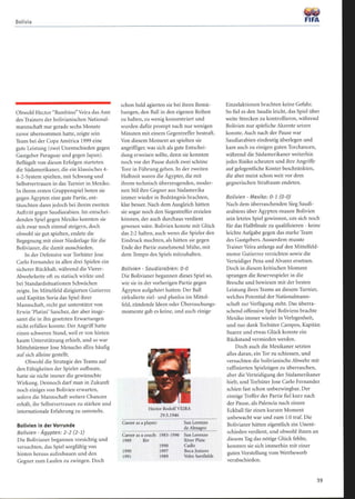 Bolivia
Obwohl Hector Bambino Veira das Amt
des Trainers der bolivianischen National-
mannschaft nur gerade sechs Monate
zuvor übernommen hatte, zeigte sein
Team bei der Copa América 1999 eine
gute Leistung (zwei Unentschieden gegen
Gastgeber Paraguay und gegen Japan) .
Beflügelt von diesen Erfolgen starteten
die Südamerikaner, die ein klassisches 4-
4-2-System spielten, mit Schwung und
Selbstvertrauen in das Turnier in Mexiko.
In ihrem ersten Gruppenspiel boten sie
gegen Ägypten eine gute Partie, ent-
täuschten dann jedoch bei ihrem zweiten
Auftritt gegen Saudiarabien . Im entschei-
denden Spiel gegen Mexiko konnten sie
sich zwar noch einmal steigern, doch
obwohl sie gut spielten, endete die
Begegnung mit einer Niederlage für die
Bolivianer, die damit ausschieden.
In der Defensive war Torhüter Jose
Carlo Fernandez in allen drei Spielen ein
sicherer Rückhalt, während die Vierer-
Abwehrkette oft zu statisch wirkte und
bei Standardsituationen Schwächen
zeigte. Im Mittelfeld dirigierten Gutierrez
und Kapitän Soria das Spiel ihrer
Mannschaft, recht gut unterstützt von
Erwin `Platini' Sanchez, der aber insge-
samt die in ihn gesetzten Erwartungen
nicht erfüllen konnte. Der Angriff hatte
einen schweren Stand, weil er von hinten
kaum Unterstützung erhielt, und so war
Mittelstürmer Jose Menacho allzu häufig
auf sich alleine gestellt.
Obwohl die Strategie des Teams auf
den Fähigkeiten der Spieler aufbaute,
hatte sie nicht immer die gewünschte
Wirkung. Dennoch darf man in Zukunft
noch einiges von Bolivien erwarten,
sofern die Mannschaft weitere Chancen
erhält, ihr Selbstvertrauen zu stärken und
internationale Erfahrung zu sammeln.
Bolivien in der Vorrunde
Bolivien - Ägypten : 2-2 (2-1)
Die Bolivianer begannen vorsichtig und
versuchten, das Spiel sorgfältig von
hinten heraus aufzubauen und den
Gegner zum Laufen zu zwingen. Doch
schon bald agierten sie bei ihren Bemü-
hungen, den Ball in den eigenen Reihen
zu halten, zu wenig konzentriert und
wurden dafür prompt nach nur wenigen
Minuten mit einem Gegentreffer bestraft.
Von diesem Moment an spielten sie
angriffiger, was sich als gute Entschei-
dung erweisen sollte, denn sie konnten
noch vor der Pause durch zwei schöne
Tore in Führung gehen. In der zweiten
Halbzeit waren die Ägypter, die mit
ihrem technisch überzeugenden, moder-
nen Stil ihre Gegner aus Südamerika
immer wieder in Bedrängnis brachten,
klar besser. Nach dem Ausgleich hätten
sie sogar noch den Siegestreffer erzielen
können, der auch durchaus verdient
gewesen wäre. Bolivien konnte mit Glück
das 2:2 halten, auch wenn die Spieler den
Eindruck machten, als hätten sie gegen
Ende der Partie zunehmend Mühe, mit
dem Tempo des Spiels mitzuhalten.
Bolivien - Soudiarabien: 0-0
Die Bolivianer begannen dieses Spiel so,
wie sie in der vorherigen Partie gegen
Ägypten aufgehört hatten: Der Ball
zirkulierte ziel- und planlos im Mittel-
feld, zündende Ideen oder Überraschungs-
momente gab es keine, und auch einige
Hector RodolfVEIRA
29.5.1946
Career as a player: San Lorenzo
de Almagro
Career as a coach: 1983-1996 San Lorenzo
1989 Riv River Plate
1990 Cadiz
1990 1997 Boca juniors
1991 1989 Velez Sarsfields
''may
FIFA
Einzelaktionen brachten keine Gefahr.
So fiel es den Saudis leicht, das Spiel über
weite Strecken zu kontrollieren, während
Bolivien nur spärliche Akzente setzen
konnte. Auch nach der Pause war
Saudiarabien eindeutig überlegen und
kam auch zu einigen guten Torchancen,
während die Südamerikaner weiterhin
jedes Risiko scheuten und ihre Angriffe
auf gelegentliche Konter beschränkten,
die aber meist schon weit vor dem
gegnerischen Strafraum endeten.
Bolivien - Mexiko: 0-1 (0-0)
Nach dem überraschenden Sieg Saudi-
arabiens über Ägypten musste Bolivien
sein letztes Spiel gewinnen, um sich noch
für das Halbfinale zu qualifizieren - keine
leichte Aufgabe gegen das starke Team
des Gastgebers. Ausserdem musste
Trainer Veira anfangs auf den Mittelfeld-
motor Gutierrez verzichten sowie die
Verteidiger Pena und Alvarez ersetzen.
Doch in diesem kritischen Moment
sprangen die Reservespieler in die
Bresche und bewiesen mit der besten
Leistung ihres Teams an diesem Turnier,
welches Potential der Nationalmann-
schaft zur Verfügung steht. Das überra-
schend offensive Spiel Boliviens brachte
Mexiko immer wieder in Verlegenheit,
und nur dank Torhüter Campos, Kapitän
Suarez und etwas Glück konnte ein
Rückstand vermieden werden.
Doch auch die Mexikaner setzten
alles daran, ein Tor zu schiessen, und
versuchten die bolivianische Abwehr mit
raffinierten Spielzügen zu überraschen,
aber die Verteidigung der Südamerikaner
hielt, und Torhüter Jose Carlo Fernandez
schien fast schon unbezwingbar. Der
einzige Treffer der Partie fiel kurz nach
der Pause, als Palencia nach einem
Eckball für einen kurzen Moment
unbewacht war und zum 1 :0 traf. Die
Bolivianer hätten eigentlich ein Unent-
schieden verdient, und obwohl ihnen an
diesem Tag das nötige Glück fehlte,
konnten sie sich immerhin mit einer
guten Vorstellung vom Wettbewerb
verabschieden.
3 9
 