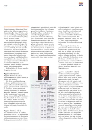 Egypt
Ägypten präsentierte sich als starke Mann-
schaft mit einer Reihe von ausgezeichneten
Einzelspielern . Der Trainer A1 Gohary hatte
sein Team vonAnfang an richtig eingestellt,
und der Afrikameister spielte einen gepfleg-
ten und attraktiven Fussball.
Der ägyptische Torhüter El Hadary
wirkte bei seinen Aktionen sehr sicher,
und er dirigierte seine Abwehr gut. Die
Verteidiger waren stark im Zweikampf
und sehr athletisch. Hassan I. versuchte
immer wieder, über die rechte Aussen-
bahn Druck zu machen und die Angriffs
bemühungen des Mittelfelds zu unter-
stützen, das überdurchschnittlich gut
besetzt war: Ramzy und Medhat schirm-
ten nach hinten ab, so dass sich Radwan
und Sabry in erster Linie auf die Offensi-
ve konzentrieren konnten, wo sie
zusammen mit den Stürmern Emam und
Ahmed den Abschluss suchten.
Leider schieden die Ägypter nach den
Gruppenspielen aus.
Ägypten in der Vorrunde
Ägypten - Bolivien: 2-2 (1-2)
Eigentlich hätten die Ägypter den Sieg in
diesem Spiel verdient.
Mit ihrem trotz Manndeckung
modernen Spiel dominierten sie den
Gegner. Obwohl sie früh in Führung
gingen, gerieten sie noch vor der Pause
in Rückstand, doch in der zweiten
Halbzeit übernahmen sie wieder die
Kontrolle. Nach einer Stunde schossen
sie den Ausgleich und waren auch
danach bis zum Schlusspfiff klar besser.
Die Mannschaft, die einen ausgewoge-
nen Eindruck machte und einige
herausragende Persönlichkeiten in
ihren Reihen hatte, zeigte mit dieser
Leistung auf, welches Potential in ihr
steckt.
Ägypten - Mexiko: 2-2 (0-2)
Vor 50'000 Zuschauern im Azteken-
Stadion von Mexiko City begannen die
Ägypter sehr vorsichtig . In der Abwehr
spielten sie weiterhin mit einer Mann-
deckung, hatten aber dadurch mit den
mexikanischen Stürmern, die häufig die
Positionen tauschten, von Anfang an
grosse Schwierigkeiten. Durch einen
herrlichen Schuss von Pardo in die
obere Torecke ging die Heim-
mannschaft dann auch in Führung.
Auch bei stehenden Bällen waren die
Mexikaner stets gefährlich, was ihre
Gegner wohl wussten, aber dennoch
gelang es ihnen, die Ägypter aus einer
solchen Situation mit einem Kopfball
von Abundis zum 2:0 zu überraschen.
Danach wurden die Afrikaner stärker,
bis sie durch den Platzverweis von
Radwan nach seiner zweiten gelben
Karte einen herben Dämpfer einstecken
mussten. Mit einem Mann weniger
Mohamoud N. EL GOHARY
20.2.1938 Cairo
Career as a player: 1955-1964 Ably club
Career as a coach: 1965-1977 Al Ahly assistant
1977-1981 Ittehad Jeddah,
Saudi Arabia
assistant
1981-1982 Ittehad Jeddah
coach
1982-1984 Al Ahly coach
1984-1985 Sharia U.A.E.
coach
1985-1986 Al Ably coach
1986-1988 Al Ahly Jeddah,
Saudi Arabia
coach
1988-1990 Egypt national
team coach
1991-1993 Egypt national
team coach
1993-1994 Zamalik coach
1995-1996 Al Wahdah,
U.A.E.
1996-1997 Oman national
team
1997-1999 Egypt national
team
FIFA
schienen sie keine Chance auf den Sieg
mehr zu haben, doch irgendwie spornte
sie der Ausschluss zusätzlich an, und
mit ihren klugen Kombinationen
gewannen sie allmählich die Kontrolle
über das Spiel wieder zurück. Alle
kämpften mit vollem Einsatz, und das
1:2 durch einen wunderschönen
Freistoss war die verdiente Belohnung
dafür.
Das energische Comeback des
Afrikameisters überraschte sowohl die
mexikanischen Spieler als auch ihre
Fans, und im Stadion stieg die Span-
nung. Eine Angriffswelle nach der
anderen rollte auf das Tor der Mexikaner
zu, bis schliesslich Ibrahim Samir in der
85. Minute - ebenfalls mit einem
präzisen Freistoss - den wohlverdienten
Ausgleich schoss. Doch zu mehr als dem
2:2 reichte es nicht mehr, obwohl die
Ägypter versuchten, sogar noch zum
Sieg zu kommen.
Ägypten - Saudiarabien: 1-5 (0-2)
Vor dem letzten Gruppenspiel der
Ägypter gegen Saudiarabien war klar,
dass der Sieger dieser Partie ins Halbfi-
nale einziehen würde. Die Saudis
übernahmen sofort die Initiative und
lagen schon nach sieben Minuten vorne,
nachdem Al Otaibi am schnellsten
reagiert und den wichtigen ersten Treffer
erzielt hatte, doch auch danach fand
Ägypten nicht ins Spiel. Als die Afrika-
ner Sabry durch einen Platzverweis
verloren, wurde die Partie hektisch. In
der 33. Minute machte Al Otaibi sein
zweites Tor, und wenig später sah Emam
in 'nur gerade zwei Minuten zwei gelbe
Karten. Für die Ägypter, die damit nur
noch zu neunt auf dem Platz standen,
waren die beiden Platzverweise zu viel.
Sie waren nun sowohl mental als auch
körperlich klar im Nachteil, und die
Saudis nutzten ihre Überzahl aus, liessen
den Ball zirkulieren und zwangen den
Gegner zum Laufen. A1 Otaibi schoss
noch zwei weitere Tore, und am Ende
verloren Ägypten überraschend deutlich
mit 1 :5 .
5 1
 