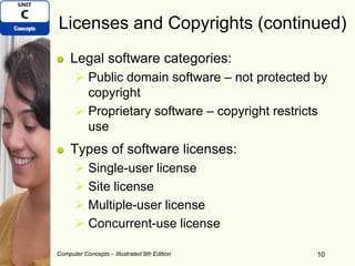 Computer Concepts – Illustrated 9th Edition 10
Licenses and Copyrights (continued)
Legal software categories:
 Public domain software – not protected by
copyright
 Proprietary software – copyright restricts
use
Types of software licenses:
 Single-user license
 Site license
 Multiple-user license
 Concurrent-use license
10
 