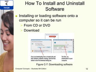 Computer Concepts – Illustrated 9th Edition 12
How To Install and Uninstall
Software
Installing or loading software onto a
computer so it can be run
 From CD or DVD
 Download
12
Figure C-7: Downloading software
 