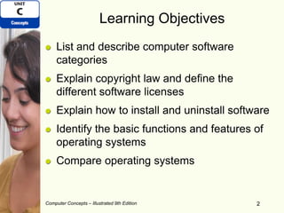 Computer Concepts – Illustrated 9th Edition 2
Learning Objectives
List and describe computer software
categories
Explain copyright law and define the
different software licenses
Explain how to install and uninstall software
Identify the basic functions and features of
operating systems
Compare operating systems
2
 