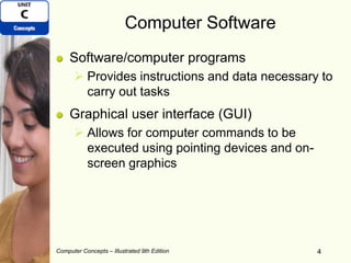 Computer Concepts – Illustrated 9th Edition 4
Computer Software
Software/computer programs
 Provides instructions and data necessary to
carry out tasks
Graphical user interface (GUI)
 Allows for computer commands to be
executed using pointing devices and on-
screen graphics
4
 