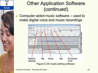 Computer Concepts – Illustrated 9th Edition 41
Other Application Software
(continued)
Computer aided music software – used to
make digital voice and music recordings
41
Figure C-35: Audio editing software
 