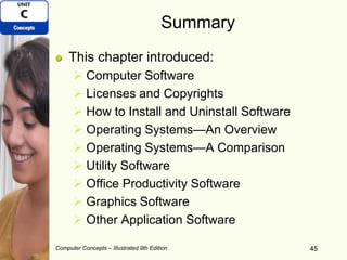 Computer Concepts – Illustrated 9th Edition 45
Summary
This chapter introduced:
 Computer Software
 Licenses and Copyrights
 How to Install and Uninstall Software
 Operating Systems—An Overview
 Operating Systems—A Comparison
 Utility Software
 Office Productivity Software
 Graphics Software
 Other Application Software
45
 