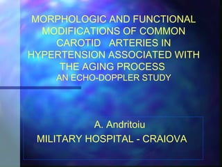 MORPHOLOGIC AND FUNCTIONAL
MODIFICATIONS OF COMMON
CAROTID ARTERIES IN
HYPERTENSION ASSOCIATED WITH
THE AGING PROCESS
AN ECHO-DOPPLER STUDY
A. Andritoiu
MILITARY HOSPITAL - CRAIOVA
 
