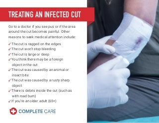 Go to a doctor if you see pus or if the area
around the cut becomes painful. Other
reasons to seek medical attention include:
The cut is ragged on the edges
The cut won’t stop bleeding
The cut is large or deep
You think there may be a foreign
object in the cut
The cut was caused by an animal or
insect bite
The cut was caused by a rusty sharp
object
There is debris inside the cut (such as
with road burn)
If you’re an older adult (65+)
TREATING AN INFECTED CUT
 