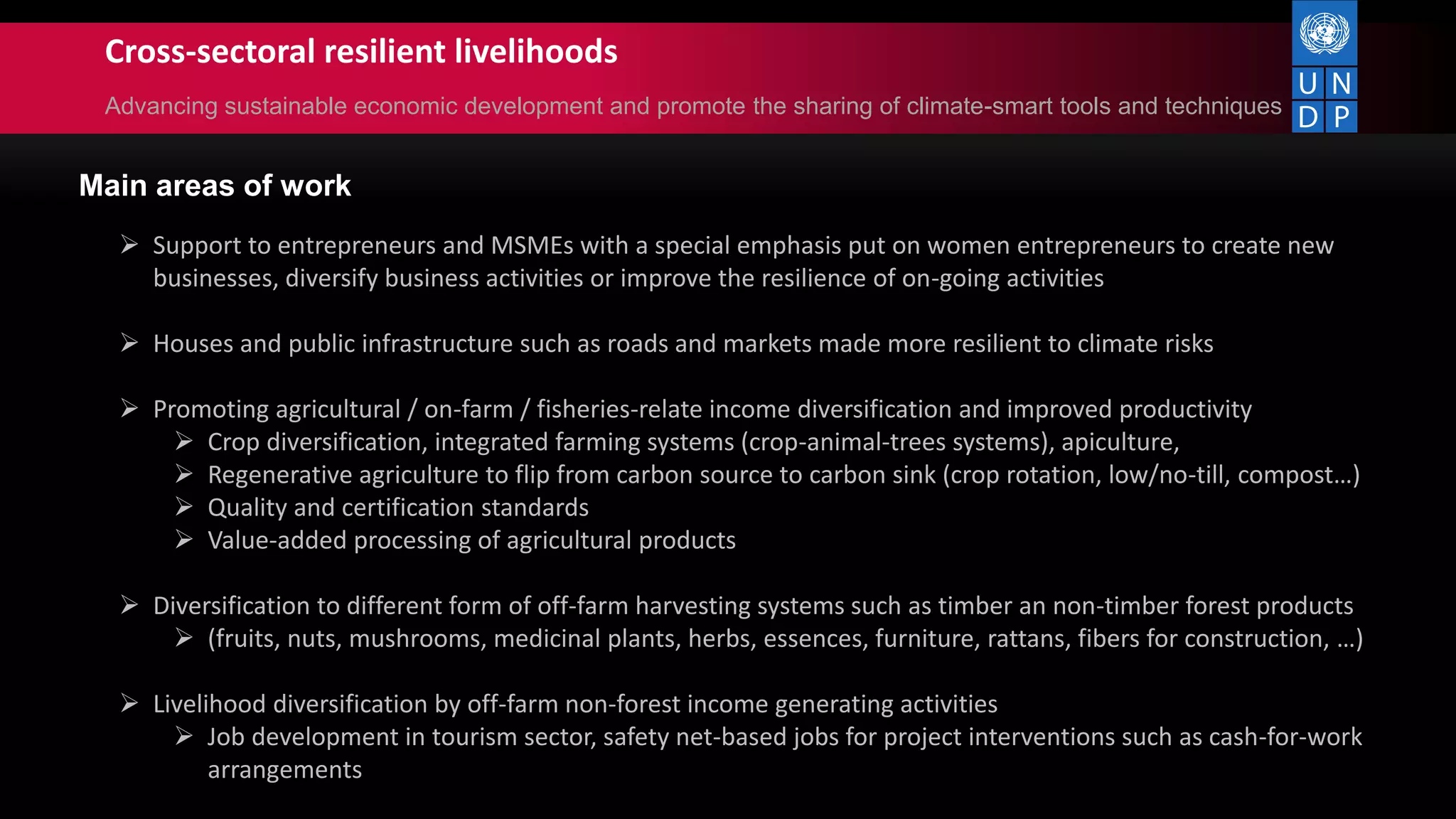 Cross-sectoral resilient livelihoods
Advancing sustainable economic development and promote the sharing of climate-smart tools and techniques
Main areas of work
 Support to entrepreneurs and MSMEs with a special emphasis put on women entrepreneurs to create new
businesses, diversify business activities or improve the resilience of on-going activities
 Houses and public infrastructure such as roads and markets made more resilient to climate risks
 Promoting agricultural / on-farm / fisheries-relate income diversification and improved productivity
 Crop diversification, integrated farming systems (crop-animal-trees systems), apiculture,
 Regenerative agriculture to flip from carbon source to carbon sink (crop rotation, low/no-till, compost…)
 Quality and certification standards
 Value-added processing of agricultural products
 Diversification to different form of off-farm harvesting systems such as timber an non-timber forest products
 (fruits, nuts, mushrooms, medicinal plants, herbs, essences, furniture, rattans, fibers for construction, …)
 Livelihood diversification by off-farm non-forest income generating activities
 Job development in tourism sector, safety net-based jobs for project interventions such as cash-for-work
arrangements
 