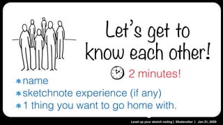 Level up your sketch noting | @katerutter | Jan 31, 2020
Let’s get to
know each other!
name
sketchnote experience (if any)
1 thing you want to go home with.
2 minutes!
 