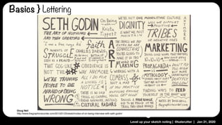 Level up your sketch noting | @katerutter | Jan 31, 2020
Doug Neil
http://www.thegraphicrecorder.com/2013/01/25/sketchnotes-of-on-being-interview-with-seth-godin/
Basics } Lettering
 