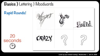 Level up your sketch noting | @katerutter | Jan 31, 2020
Basics } Lettering } Moodwords
20
seconds
Rapid Rounds!
 