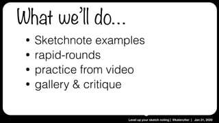 Level up your sketch noting | @katerutter | Jan 31, 2020
• Sketchnote examples
• rapid-rounds
• practice from video
• gallery & critique
What we’ll do…
 
