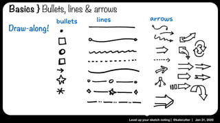 Level up your sketch noting | @katerutter | Jan 31, 2020
lines arrowsbullets
Draw-along!
Basics } Bullets, lines & arrows
 