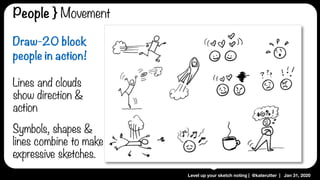 Level up your sketch noting | @katerutter | Jan 31, 2020
People } Movement
Draw-20 block
people in action!
Lines and clouds
show direction &
action
Symbols, shapes &
lines combine to make
expressive sketches.
 