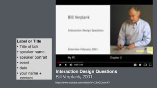 Level up your sketch noting | @katerutter | Jan 31, 2020
Interaction Design Questions
Bill Verplank, 2001
https://www.youtube.com/watch?v=C3rxCLhzmXY
Label or Title
• Title of talk
• speaker name
• speaker portrait
• event
• date
• your name +  
contact
 