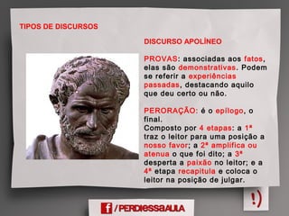 TIPOS DE DISCURSOS
DISCURSO APOLÍNEO
PROVAS: associadas aos fatos,
elas são demonstrativas. Podem
se referir a experiências
passadas, destacando aquilo
que deu certo ou não.
PERORAÇÃO: é o epílogo, o
final.
Composto por 4 etapas: a 1ª
traz o leitor para uma posição a
nosso favor; a 2ª amplifica ou
atenua o que foi dito; a 3ª
desperta a paixão no leitor; e a
4ª etapa recapitula e coloca o
leitor na posição de julgar.
 