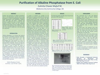 RESEARCH POSTER PRESENTATION DESIGN © 2015
www.PosterPresentations.com
Isolation and purification of alkaline phosphatase
from E. coli determined by specific activity using
procedures as column chromatography, ammonium
sulfate fractionation, heat denaturation, Bradford
assay, SDS page, and others. Methods and
processes required four days to finally have the
enzyme of interest which was not completely
purified but the specific activity is higher in the last
step than at the beginning of the experiment. One
more step would be needed but is not used during
this experiment.
ABSTRACT
INTRODUCTION
A number of methods are available for the
purification of enzymes and therefore the main aim
of enzyme purification is to remove all other
proteins present in the crude. During the first day
lysoszyme was added to the cells to hydrolyze part
of the cell wall and DNase solution to hydrolyze
any DNA liberated from broken spheroplasts,
EDTA was added to the cells to bind divalent
cations to form a soluble complex, and finally
Magnesium sulfate to bind the excess of EDTA.
Centrifugation was key to get Stage 1 of the
experiment from the supernatant which went
through dialysis which allows the exchange of small
molecules while retaining the big molecules. The
second day heat denaturation of proteins was done
to eliminate those unwanted proteins. The solution
from the dialysis sac was transferred to a conical
tube that was placed in a water bath at 80˚C for 15
minutes. After the incubation centrifugation was
needed once again to discard the denatured proteins,
the supernatant was Stage 2. Ammonium sulfate
precipitation was the next step. Ammonium sulfate
is a highly water soluble salt valuable in differential
precipitation of proteins. It is used to concentrate
enzymes. Centrifugation was performed to keep the
pellet and it was resuspended with Tris-HCl buffer
with MgSO4 which was Stage 3 of the experiment.
Dialysis was required after this step. During the
third day EDTA column chromatography was made
with the dialysis solution and buffers that provided
fractions that were used to created a pool as Stage 4.
The fractions selected to created the pool went
through a enzyme activity assay to find the ones
with higher enzyme present. Each day a continuous
assay of alkaline phosphatase was performed to
each Stage to control the process of the purification.
Before the SDS page electrophoresis a Bradford
assay was performed to find out the concentration
of each stage and fill the purification table shown in
the results. SDS page was done the fourth and last
day to see if the enzyme was completely purified.
METHODS
The following graphs and tables show the processes
and results of the experiment:
RESULTS CONCLUSIONS
• The experiments last 4 days and different
methods were used to purify Alkaline
phosphatase from E. Coli K12.
• Dialysis, enzyme assays, Bradford assay were
key processes to analyze the purification of the
enzyme. Lysis of cells, heating, ammonium
sulfate. SDS page chromatography were the
most important steps to purify Alkaline
phosphatase.
• The results show “AP” present in all of the
stages at a size of 51,810 Da. The last stage (4)
shows the enzyme purer than the rest of the
stages but still has other proteins present
meaning that is not 100% pure.
• The purification table shows how protein mass
was lost during the process from Stage 1 which
is after the lysis of cells and the first dialysis
19.07mg to Stage 4 after the SDS page
chromatography 1.30mg with 5.05Units but it
also shows a higher specific activity of
3.92U/mg compared to 0.45U/mg in Stage 1
meaning that it was purified but not completely
(About 85% of the protein present is alkaline
phosphatase).
• To finish the process of purification an ion-
exchange chromatography would be needed but
it was used in this experiment.
REFERENCES
- Ninfa, Alexander J. Fundamental Laboratory
Approaches for Biochemistry and
Biotechnology. First ed. John Wiley & Sons,
1998. Print. Page 176 to 193
- Zulmita Chavez Majluf M. Research Notebook
“BIOT 2933” Book 1, 2016. Page 33 to 41
Alkaline phosphatase is an enzyme that catalyzes
the hydrolysis of phosphate-containing compounds.
This enzyme will be isolated from E. coli. The
strain of E. coli that will be used is K12. The
physiological role of this enzyme in E. Coli is to
cleave phosphoryl groups from a wide variety of
phosphorylated compounds, thereby providing the
cell with a source of inorganic phosphate (Pi). E.
coli mutant is used in which the control of
phosphatase production is defective so that the cells
produce elevated amounts of the enzyme under all
culture conditions. E. coli is heat stable to purify
the enzyme by heat denaturing other proteins in the
solution so the denatured proteins can be removed
by centrifugation. The partially purified enzyme,
after concentration by salting-out with ammonium
sulfate, is further purified by SDS chromatography.
To completely purify this enzyme an ion exchange
chromatography on DEAE would be needed but is
not used in this experiment.
Alkaline Phosphatase Formula:
R-O-PO3H- + H2O  R-OH + H2PO4
-
Oklahoma City Community College, OK
Zulmita Chavez Majluf M.
Purification of Alkaline Phosphatase from E. Coli
[BSA] (mg/ml) Absorbance at 595nm
0 0
0.1 0.131
0.2 0.268
0.4 0.432
0.6 0.604
0.8 0.709
1 0.967
Stage 1 0.905
Stage 2 0.427
Stage 3 0.65
Stage 4 0.254
Sample Volume(ml)
[Protein]
(mg/ml)
Proteinmass
(mg)
Enzymeactivity
(U/ml)
Units(U)
Specificactivity
(U/mg)
mgProtein
yield(%)
Enzymeyield
Stage1 10.2 1.87 19.07 0.84 8.57 0.45 100% 100%
Stage2 14.8 0.44 6.51 1.12 16.58 2.55 34.14% 193.46%
Stage3 2.8 0.67 1.88 2.39 6.69 3.56 9.86% 78.06%
Stage4 5 0.26 1.3 1.02 5.09 3.92 6.82% 59.39%
Sample
Absorbance at
410nm
PNP day 1 0.716
Stage 1 0.605
PNP day 2 0.715
Stage 2 0.804
PNP day 3 0.712
Stage 3 0.862
Stage 4 0.708
75 kD
50kD
37kD
51 kD
Table 1: Absorbance data
for Bradford Assay
Fig 1: Standard curve for
Bradford Assay used to
calculate the concentration of
each Stage.
Table 2: Absorbance data from Alkaline Phosphatase
Assay to calculate Ɛ of PNP and the enzyme activity, units
and specific activity of each stage
Table 3: Purification table of the enzyme Alkaline
Phosphatase shows the protein present in each Stage.
Fig. 2: 15% SDS page gel electrophoresis showing the final
results. The first line shows Precision Plus Protein All Blue
and its sizes on the left side. Lines 2, 3, 4, and 5 shows
Stage 1,2, 3, and 4 and the size of Alkaline Phosphatase on
the right side. A little bit of another proteins still shows up
in the gel in Stage 4.
 