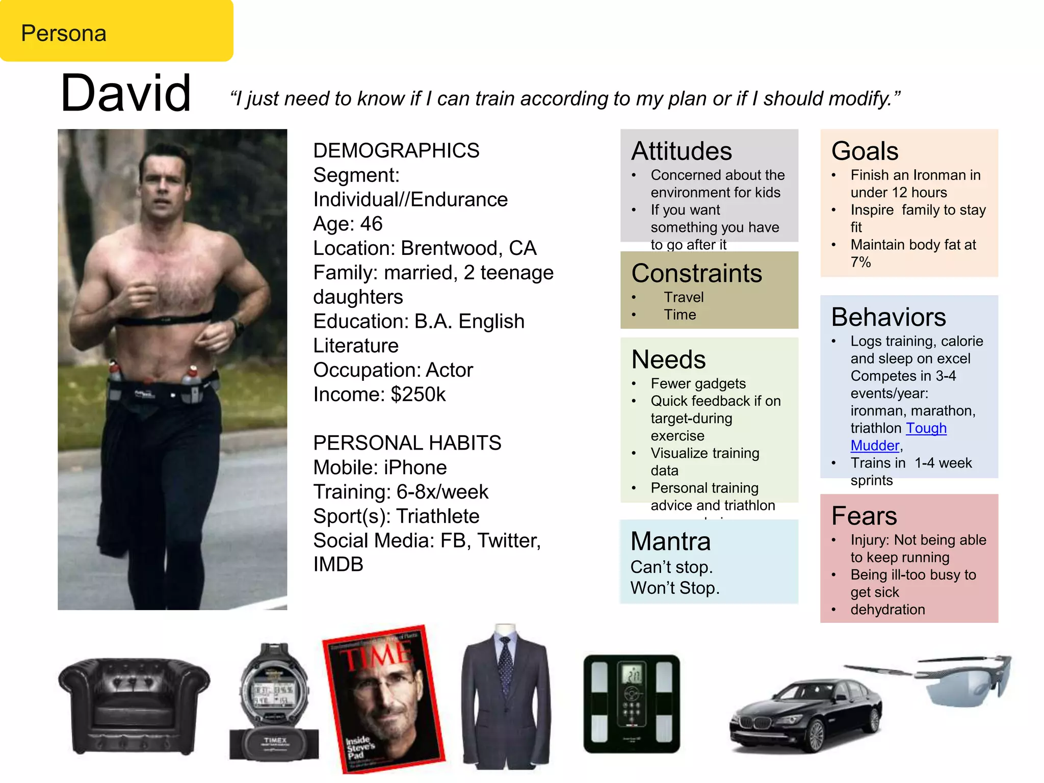 David
Attitudes
• Concerned about the
environment for kids
• If you want
something you have
to go after it
Fears
• Injury: Not being able
to keep running
• Being ill-too busy to
get sick
• dehydration
Behaviors
• Logs training, calorie
and sleep on excel
Competes in 3-4
events/year:
ironman, marathon,
triathlon Tough
Mudder,
• Trains in 1-4 week
sprints
Needs
• Fewer gadgets
• Quick feedback if on
target-during
exercise
• Visualize training
data
• Personal training
advice and triathlon
camaraderie
Constraints
• Travel
• Time
Goals
• Finish an Ironman in
under 12 hours
• Inspire family to stay
fit
• Maintain body fat at
7%
DEMOGRAPHICS
Segment:
Individual//Endurance
Age: 46
Location: Brentwood, CA
Family: married, 2 teenage
daughters
Education: B.A. English
Literature
Occupation: Actor
Income: $250k
PERSONAL HABITS
Mobile: iPhone
Training: 6-8x/week
Sport(s): Triathlete
Social Media: FB, Twitter,
IMDB
“I just need to know if I can train according to my plan or if I should modify.”
Mantra
Can’t stop.
Won’t Stop.
Persona
 