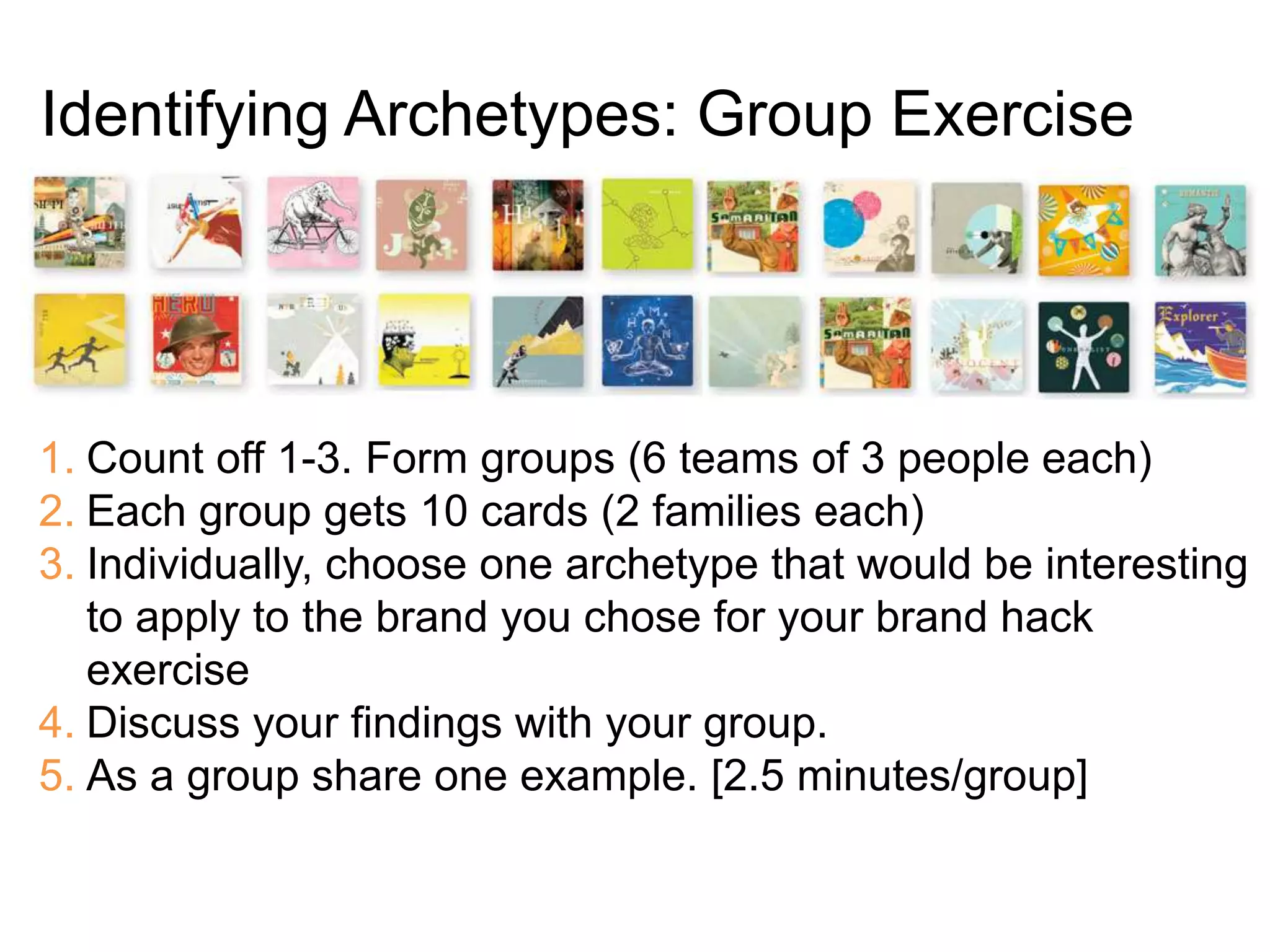 Identifying Archetypes: Group Exercise
1. Count off 1-3. Form groups (6 teams of 3 people each)
2. Each group gets 10 cards (2 families each)
3. Individually, choose one archetype that would be interesting
to apply to the brand you chose for your brand hack
exercise
4. Discuss your findings with your group.
5. As a group share one example. [2.5 minutes/group]
 