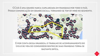 E por conta dessa grandeza, o trabalho de acompanhamento do
ciclo de vida do consumidor dentro de suas franquias torna-se
bastante difícil.
CCAA é uma grande marca capilarizada em franquias por todo o país.
Possui comunicação em grande escala, tornando-se top of mind no segmento.
 