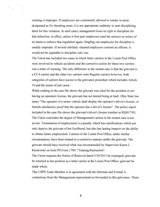 letter usps cover discipline  removal  for accident for Cca not arbitration