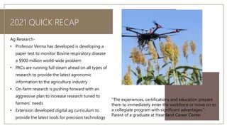 2021 QUICK RECAP
Ag Research-
• Professor Verma has developed is developing a
paper test to monitor Bovine respiratory dis...