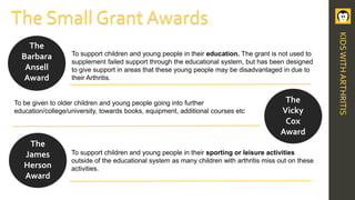 To support children and young people in their sporting or leisure activities
outside of the educational system as many children with arthritis miss out on these
activities.
The Small Grant Awards
To support children and young people in their education. The grant is not used to
supplement failed support through the educational system, but has been designed
to give support in areas that these young people may be disadvantaged in due to
their Arthritis.
The
Barbara
Ansell
Award
The
James
Herson
Award
To be given to older children and young people going into further
education/college/university, towards books, equipment, additional courses etc
The
Vicky
Cox
Award
KIDSWITHARTHRITIS
 