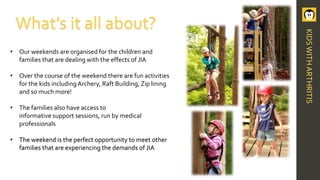 • Our weekends are organised for the children and
families that are dealing with the effects of JIA
• Over the course of the weekend there are fun activities
for the kids includingArchery, Raft Building, Zip lining
and so much more!
• The families also have access to
informative support sessions, run by medical
professionals
• The weekend is the perfect opportunity to meet other
families that are experiencing the demands of JIA
What’s it all about?
KIDSWITHARTHRITIS
 