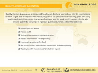 QUALITY ASSURANCE & CONTROL
Quality Control & Assurance processes at Sun Knowledge help us meet our client’s expectations
and SLA target. We use Quality Assurance program to set production and quality goals. Our daily
quality audit activities ensure that we evaluate our agents’ work on all relevant criteria. We
ensure quality by carrying out rigorous quality assurance and control activities.
 Periodic process review
 Process audit
 Testing deliverables and root cause analysis
 Process improvement / re-engineering
 Incorporating customer feedback
 N% internal quality audit of client deliverables & review reporting
 Weekly/monthly monitoring of productivity reports
32Sun Knowledge © 2015-16 Private & Confidential
 