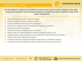 COMPLIANCE – KEY FACTS
 Well defined policies to cover compliance aspects
 Written procedures covering compliance aspects
 Proactive compliance reporting and issue escalation
 Action list for changes in rules and regulations by regulatory authorities
 Compliance evaluation framework
 Periodical training on compliance issues and update
 Periodic audit and review mechanism to address potential compliance risks
 Implementation of data privacy and security standards like HIPAA-HITECH and ISO 27001
 Incident reporting for data security violation
 Compliance awareness among the employees and reward on compliance reporting
 Compliance violation by employees leads to employee retraining and reassessment
Sun Knowledge has defined and established a process and system to avoid compliance risks
while carrying out operations and encourage employees to proactively report compliance issues
to the higher management
Sun Knowledge has defined and established a process and system to avoid compliance risks while
carrying out operations and encourage employees to proactively report compliance issues to the
higher management.
34Sun Knowledge © 2015-16 Private & Confidential
 
