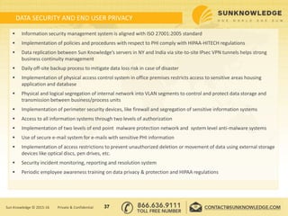 DATA SECURITY AND END USER PRIVACY
 Information security management system is aligned with ISO 27001:2005 standard
 Implementation of policies and procedures with respect to PHI comply with HIPAA-HITECH regulations
 Data replication between Sun Knowledge’s servers in NY and India via site-to-site IPsec VPN tunnels helps strong
business continuity management
 Daily off-site backup process to mitigate data loss risk in case of disaster
 Implementation of physical access control system in office premises restricts access to sensitive areas housing
application and database
 Physical and logical segregation of internal network into VLAN segments to control and protect data storage and
transmission between business/process units
 Implementation of perimeter security devices, like firewall and segregation of sensitive information systems
 Access to all information systems through two levels of authorization
 Implementation of two levels of end point malware protection network and system level anti-malware systems
 Use of secure e-mail system for e-mails with sensitive PHI information
 Implementation of access restrictions to prevent unauthorized deletion or movement of data using external storage
devices like optical discs, pen drives, etc.
 Security incident monitoring, reporting and resolution system
 Periodic employee awareness training on data privacy & protection and HIPAA regulations
37Sun Knowledge © 2015-16 Private & Confidential
 