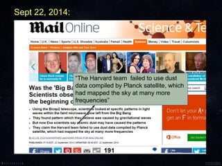 Sept 22, 2014:
“The Harvard team failed to use dust
data compiled by Planck satellite, which
had mapped the sky at many more
frequencies”
 