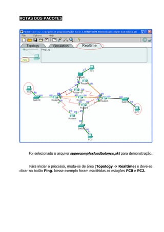 ROTAS DOS PACOTES




     Foi selecionado o arquivo supercomplexloadbalance.pkt para demonstração.


       Para iniciar o processo, muda-se de área (Topology   Realtime) e deve-se
clicar no botão Ping. Nesse exemplo foram escolhidas as estações PC0 e PC2.
 