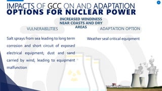 VULNERABILITIES
Salt sprays from sea leading to long term
corrosion and short circuit of exposed
electrical equipment; dust and sand
carried by wind, leading to equipment
malfunction
ADAPTATION OPTION
Weather seal critical equipment
IMPACTS OF GCC ON AND ADAPTATION
OPTIONS FOR NUCLEAR POWER
21
INCREASED WINDINESS
NEAR COASTS AND DRY
AREAS
 