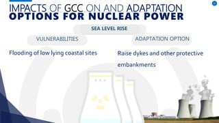 VULNERABILITIES
Flooding of low lying coastal sites
ADAPTATION OPTION
Raise dykes and other protective
embankments
IMPACTS OF GCC ON AND ADAPTATION
OPTIONS FOR NUCLEAR POWER
22
SEA LEVEL RISE
 
