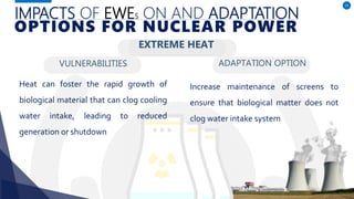 VULNERABILITIES
Heat can foster the rapid growth of
biological material that can clog cooling
water intake, leading to reduced
generation or shutdown
ADAPTATION OPTION
23
Increase maintenance of screens to
ensure that biological matter does not
clog water intake system
IMPACTS OF EWES ON AND ADAPTATION
OPTIONS FOR NUCLEAR POWER
EXTREME HEAT
 