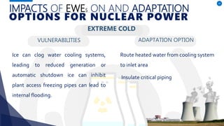 VULNERABILITIES
Ice can clog water cooling systems,
leading to reduced generation or
automatic shutdown ice can inhibit
plant access freezing pipes can lead to
internal flooding.
ADAPTATION OPTION
24
Route heated water from cooling system
to inlet area
Insulate critical piping
IMPACTS OF EWES ON AND ADAPTATION
OPTIONS FOR NUCLEAR POWER
EXTREME COLD
 