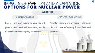 VULNERABILITIES
Forest fires and wildfires can disrupt
plant access to critical personnel, supply
deliveries and emergency responders
ADAPTATION OPTION
30
Develop emergency access and response
plans in case of nearby forest fires and
wildfires
IMPACTS OF EWES ON AND ADAPTATION
OPTIONS FOR NUCLEAR POWER
WILD FIRE
 
