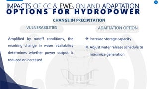 IMPACTS OF CC & EWES ON AND ADAPTATION
VULNERABILITIES
Amplified by runoff conditions, the
resulting change in water availability
determines whether power output is
reduced or increased.
ADAPTATION OPTION
33
O P T I O N S F O R H Y D R O P O W E R
CHANGE IN PRECIPITATION
 Increase storage capacity
 Adjust water release schedule to
maximize generation
 