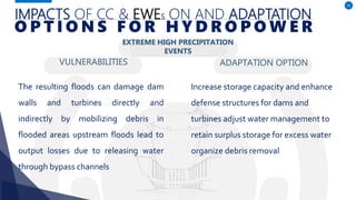 IMPACTS OF CC & EWES ON AND ADAPTATION
VULNERABILITIES
The resulting floods can damage dam
walls and turbines directly and
indirectly by mobilizing debris in
flooded areas upstream floods lead to
output losses due to releasing water
through bypass channels
ADAPTATION OPTION
35
O P T I O N S F O R H Y D R O P O W E R
Increase storage capacity and enhance
defense structures for dams and
turbines adjust water management to
retain surplus storage for excess water
organize debris removal
EXTREME HIGH PRECIPITATION
EVENTS
 