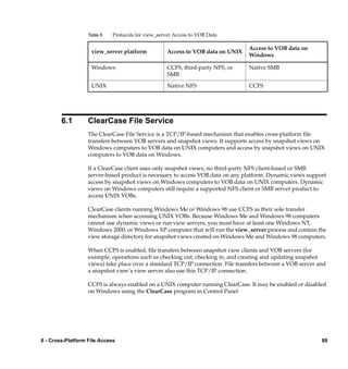 Table 6   Protocols for view_server Access to VOB Data

                                                                                 Access to VOB data on
                    view_server platform            Access to VOB data on UNIX
                                                                                 Windows

                    Windows                         CCFS, third-party NFS, or    Native SMB
                                                    SMB

                    UNIX                            Native NFS                   CCFS




        6.1        ClearCase File Service
                   The ClearCase File Service is a TCP/IP-based mechanism that enables cross-platform ﬁle
                   transfers between VOB servers and snapshot views. It supports access by snapshot views on
                   Windows computers to VOB data on UNIX computers and access by snapshot views on UNIX
                   computers to VOB data on Windows.

                   If a ClearCase client uses only snapshot views, no third-party NFS client-based or SMB
                   server-based product is necessary to access VOB data on any platform. Dynamic views support
                   access by snapshot views on Windows computers to VOB data on UNIX computers. Dynamic
                   views on Windows computers still require a supported NFS client or SMB server product to
                   access UNIX VOBs.

                   ClearCase clients running Windows Me or Windows 98 use CCFS as their sole transfer
                   mechanism when accessing UNIX VOBs. Because Windows Me and Windows 98 computers
                   cannot use dynamic views or run view servers, you must have at least one Windows NT,
                   Windows 2000, or Windows XP computer that will run the view_server process and contain the
                   view storage directory for snapshot views created on Windows Me and Windows 98 computers.

                   When CCFS is enabled, ﬁle transfers between snapshot view clients and VOB servers (for
                   example, operations such as checking out, checking in, and creating and updating snapshot
                   views) take place over a standard TCP/IP connection. File transfers between a VOB server and
                   a snapshot view’s view server also use this TCP/IP connection.

                   CCFS is always enabled on a UNIX computer running ClearCase. It may be enabled or disabled
                   on Windows using the ClearCase program in Control Panel




6 - Cross-Platform File Access                                                                               89
 