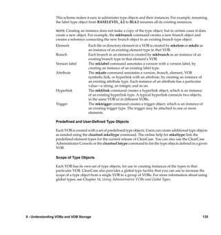 This scheme makes it easy to administer type objects and their instances. For example, renaming
                 the label type object from BASELEVEL_4.2 to BL4.2 renames all its existing instances.

                 NOTE:  Creating an instance does not make a copy of the type object, but in certain cases it does
                 create a new object. For example, the mkbranch command creates a new branch object and
                 creates a reference connecting the new branch object to an existing branch type object.
                 Element              Each ﬁle or directory element in a VOB is created by mkelem or mkdir as
                                      an instance of an existing element type in that VOB.
                 Branch               Each branch in an element is created by mkbranch as an instance of an
                                      existing branch type in that element’s VOB.
                 Version label        The mklabel command annotates a version with a version label, by
                                      creating an instance of an existing label type.
                 Attribute            The mkattr command annotates a version, branch, element, VOB
                                      symbolic link, or hyperlink with an attribute, by creating an instance of
                                      an existing attribute type. Each instance of an attribute has a particular
                                      value—a string, an integer, and so on.
                 Hyperlink            The mkhlink command creates a hyperlink object, which is an instance
                                      of an existing hyperlink type. A typical hyperlink connects two objects,
                                      in the same VOB or in different VOBs.
                 Trigger              The mktrigger command creates a trigger object, which is an instance of
                                      an existing trigger type. The trigger may be attached to one or more
                                      elements.

                 Predeﬁned and User-Deﬁned Type Objects

                 Each VOB is created with a set of predeﬁned type objects. Users can create additional type objects
                 as needed using the cleartool mkeltype command. The online help for mkeltype lists the
                 predeﬁned element types for the current release of ClearCase. You can also use the ClearCase
                 Administrator Console or the cleartool lstype command to list the type objects deﬁned in a given
                 VOB.

                 Scope of Type Objects

                 Each VOB has its own set of type objects, for use in creating instances of the types in that
                 particular VOB. ClearCase also provides a global type facility that you can use to increase the
                 scope of a type object from a single VOB to a group of VOBs. For more information about using
                 global types, see Chapter 16, Using Administrative VOBs and Global Types.




8 - Understanding VOBs and VOB Storage                                                                         135
 