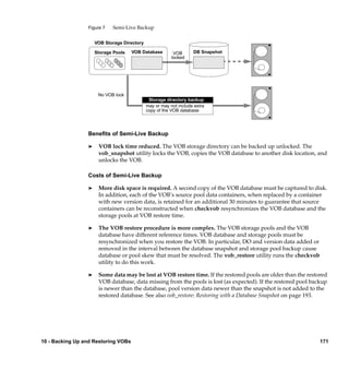 Figure 7   Semi-Live Backup

                     VOB Storage Directory

                     Storage Pools   VOB Database         VOB      DB Snapshot
                                                         locked




                      No VOB lock
                                              Storage directory backup
                                             may or may not include extra
                                             copy of the VOB database




                 Beneﬁts of Semi-Live Backup

                 ®    VOB lock time reduced. The VOB storage directory can be backed up unlocked. The
                      vob_snapshot utility locks the VOB, copies the VOB database to another disk location, and
                      unlocks the VOB.

                 Costs of Semi-Live Backup

                 ®    More disk space is required. A second copy of the VOB database must be captured to disk.
                      In addition, each of the VOB’s source pool data containers, when replaced by a container
                      with new version data, is retained for an additional 30 minutes to guarantee that source
                      containers can be reconstructed when checkvob resynchronizes the VOB database and the
                      storage pools at VOB restore time.

                 ®    The VOB restore procedure is more complex. The VOB storage pools and the VOB
                      database have different reference times. VOB database and storage pools must be
                      resynchronized when you restore the VOB. In particular, DO and version data added or
                      removed in the interval between the database snapshot and storage pool backup cause
                      database or pool skew that must be resolved. The vob_restore utility runs the checkvob
                      utility to do this work.

                 ®    Some data may be lost at VOB restore time. If the restored pools are older than the restored
                      VOB database, data missing from the pools is lost (as expected). If the restored pool backup
                      is newer than the database, pool version data newer than the snapshot is not added to the
                      restored database. See also vob_restore: Restoring with a Database Snapshot on page 193.




10 - Backing Up and Restoring VOBs                                                                             171
 