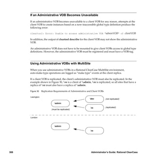 If an Administrative VOB Becomes Unavailable

      If an administrative VOB becomes unavailable to a client VOB for any reason, attempts at the
      client VOB to create instances based on a now-inaccessible global type deﬁnition produce the
      following error:

      cleartool: Error: Unable to access administrative VOB "adminVOB" of clientVOB

      In addition, the output of cleartool describe for the client VOB may not show the administrative
      VOB.

      An administrative VOB does not have to be mounted to give client VOBs access to global type
      deﬁnitions. However, the administrative VOB must be registered and must have a VOB-tag.



      Using Administrative VOBs with MultiSite

      When you use administrative VOBs in a Rational ClearCase MultiSite environment,
      auto-make-type operations are logged as “make type” events at the client replica.

      If a client VOB is replicated, the client’s administrative VOB must also be replicated. In the
      example shown in Figure 30, re is a client of admin, re is replicated, so all sites that have a
      replica of re must also have a replica of admin.

      Figure 30   Replication Requirements of Administrative and Client VOBs

      Lexington
                                                               dev            (not replicated)

                              admin

                                                               re             (replicated)
                           (must be replicated)


      London



                              admin

                                                               re




308                                                             Administrator’s Guide: Rational ClearCase
 