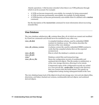Attache operations. A ﬁle becomes stranded when there is no VOB pathname through
                      which it can be accessed. For example:

                      ¢   A VOB can become temporarily unavailable, for example, by being unmounted.
                      ¢   A VOB can become permanently unavailable, for example, by being deleted.
                      ¢   A VOB directory can become permanently unavailable when it is deleted with a rmelem
                          command.

                      See the description of the recoverview command for more information about recovering
                      stranded ﬁles.



                  View Database

                  The view database subdirectory, db, contains these ﬁles, all of which are created and modiﬁed
                  by ClearCase commands and should never be modiﬁed in any other way:
                  view_db.dbd                       A compiled database schema, used by embedded DBMS
                                                    routines for database access. The schema describes the
                                                    structure of the view database.
                  view_db_schema_version            A schema version ﬁle, used by embedded DBMS routines to
                                                    verify that the compiled schema ﬁle is at the expected
                                                    revision level.
                  view_db.d0n                       Files in which the database’s contents are stored.
                  view_db.k01
                  vista.*                           Database control ﬁles and transaction logs.
                  view_db.crs_ﬁle                   Stores the conﬁguration records of nonshareable and
                                                    unshared derived objects. This ﬁle resides in subdirectory .s
                                                    of the view storage directory, allowing it to be remote.
                                                    Compressed copies of the conﬁguration records are cached
                                                    in a view-private ﬁle, .cmake.state, located in the directory
                                                    that was current when the build started. This speeds up
                                                    conﬁguration lookup during subsequent builds in the view.

                  The view database keeps track of the objects in its private storage area: view-private objects (ﬁles,
                  directories, and links), checked-out versions, nonshareable derived objects, and unshared
                  derived objects.




17 - Understanding Views and View Storage                                                                          331
 