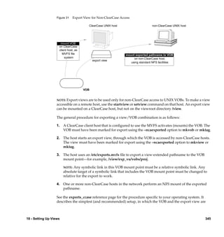 Figure 31   Export View for Non-ClearCase Access

                                         ClearCase UNIX host                     non-ClearCase UNIX host




                     mount VOB
                    on ClearCase
                    client host, as
                       MVFS ﬁle                                 mount exported pathname to VOB
                        system                                       on non-ClearCase host,
                                            export view
                                                                   using standard NFS facilities




                                      VOB


                   NOTE: Export views are to be used only for non-ClearCase access to UNIX VOBs. To make a view
                   accessible on a remote host, use the startview or setview command on that host. An export view
                   can be mounted on a ClearCase host, but not on the viewroot directory /view.

                   The general procedure for exporting a view/VOB combination is as follows:

                   1. A ClearCase client host that is conﬁgured to use the MVFS activates (mounts) the VOB. The
                      VOB must have been marked for export using the –ncaexported option to mkvob or mktag.

                   2. The host starts an export view, through which the VOB is accessed by non-ClearCase hosts.
                      The view must have been marked for export using the –ncaexported option to mkview or
                      mktag.

                   3. The host uses an /etc/exports.mvfs ﬁle to export a view-extended pathname to the VOB
                      mount point—for example, /view/exp_vu/vobs/proj.

                        NOTE:  Any symbolic link in this VOB mount point must be a relative symbolic link. Any
                        absolute target of a symbolic link that includes the VOB mount point must be changed to
                        relative for the export to work.

                   4. One or more non-ClearCase hosts in the network perform an NFS mount of the exported
                      pathname.

                   See the exports_ccase reference page for the procedure speciﬁc to your operating system. It
                   describes the simplest (and recommended) setup, in which the VOB and the export view are



18 - Setting Up Views                                                                                         345
 