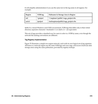 It will simplify administration if you use the same text in the tag name in all regions. For
                  example:


                   Region           VOB-tag          Pathname to Storage Area in Region

                   nt1              project         neptunepublicvega_project.vbs

                   unix1            /project         /net/neptune/public/vega_project.vbs


                  NOTE:  In a mixed Windows and UNIX environment, VOB-tags that differ only in their initial
                  directory separator character—backslash () or slash (/)— are equivalent.

                  This set of tags provides a standard way for users to refer to a VOB by name, even though the
                  network ﬁle naming conventions are different.

                  Tag Registry Implementation

                  Figure 35 illustrates a simple two-region network, each with its own logical set of tag registries.
                  All hosts in a network region use the same VOB-tags and view-tags, and access ClearCase data
                  storage areas using the same pathnames, provided by registry lookups.




26 - Administering Regions                                                                                        419
 