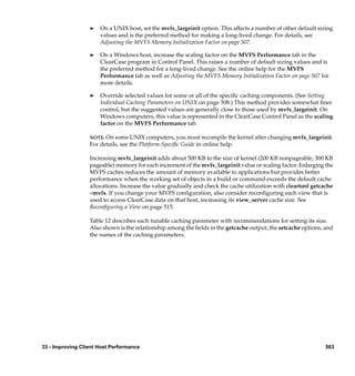 ®   On a UNIX host, set the mvfs_largeinit option. This affects a number of other default sizing
                      values and is the preferred method for making a long-lived change. For details, see
                      Adjusting the MVFS Memory Initialization Factor on page 507.

                  ®   On a Windows host, increase the scaling factor on the MVFS Performance tab in the
                      ClearCase program in Control Panel. This raises a number of default sizing values and is
                      the preferred method for a long-lived change. See the online help for the MVFS
                      Performance tab as well as Adjusting the MVFS Memory Initialization Factor on page 507 for
                      more details.

                  ®   Override selected values for some or all of the speciﬁc caching components. (See Setting
                      Individual Caching Parameters on UNIX on page 508.) This method provides somewhat ﬁner
                      control, but the suggested values are generally close to those used by mvfs_largeinit. On
                      Windows computers, this value is represented in the ClearCase Control Panel as the scaling
                      factor on the MVFS Performance tab.

                  NOTE: On some UNIX computers, you must recompile the kernel after changing mvfs_largeinit.
                  For details, see the Platform-Speciﬁc Guide in online help.

                  Increasing mvfs_largeinit adds about 500 KB to the size of kernel (200 KB nonpageable, 300 KB
                  pageable) memory for each increment of the mvfs_largeinit value or scaling factor. Enlarging the
                  MVFS caches reduces the amount of memory available to applications but provides better
                  performance when the working set of objects in a build or command exceeds the default cache
                  allocations. Increase the value gradually and check the cache utilization with cleartool getcache
                  –mvfs. If you change your MVFS conﬁguration, also consider reconﬁguring each view that is
                  used to access ClearCase data on that host, increasing its view_server cache size. See
                  Reconﬁguring a View on page 515.

                  Table 12 describes each tunable caching parameter with recommendations for setting its size.
                  Also shown is the relationship among the ﬁelds in the getcache output, the setcache options, and
                  the names of the caching parameters.




33 - Improving Client Host Performance                                                                         503
 