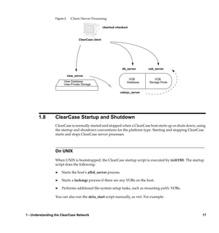Figure 2     Client/Server Processing

                                                        cleartool checkout



                                     ClearCase client




                                                                      db_server     vob_server

                             view_server
                                                                          VOB           VOB
                        View Database                                    Database   Storage Pools
                        View-Private Storage

                                                                    vobrpc_server




       1.8        ClearCase Startup and Shutdown
                  ClearCase is normally started and stopped when a ClearCase host starts up or shuts down, using
                  the startup and shutdown conventions for the platform type. Starting and stopping ClearCase
                  starts and stops ClearCase server processes.



                  On UNIX

                  When UNIX is bootstrapped, the ClearCase startup script is executed by init(1M). The startup
                  script does the following:

                  ®   Starts the host’s albd_server process.

                  ®   Starts a lockmgr process if there are any VOBs on the host.

                  ®   Performs additional ﬁle-system setup tasks, such as mounting public VOBs.

                  You can also run the atria_start script manually, as root. For example:




1 - Understanding the ClearCase Network                                                                       17
 