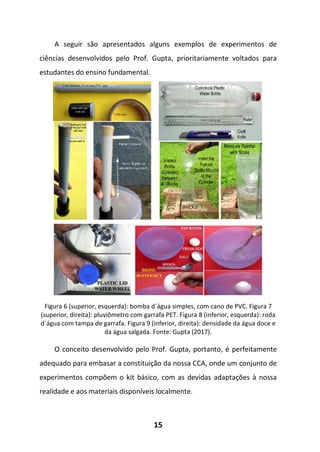 15
A seguir são apresentados alguns exemplos de experimentos de
ciências desenvolvidos pelo Prof. Gupta, prioritariamente voltados para
estudantes do ensino fundamental.
Figura 6 (superior, esquerda): bomba d´água simples, com cano de PVC. Figura 7
(superior, direita): pluviômetro com garrafa PET. Figura 8 (inferior, esquerda): roda
d´água com tampa de garrafa. Figura 9 (inferior, direita): densidade da água doce e
da água salgada. Fonte: Gupta (2017).
O conceito desenvolvido pelo Prof. Gupta, portanto, é perfeitamente
adequado para embasar a constituição da nossa CCA, onde um conjunto de
experimentos compõem o kit básico, com as devidas adaptações à nossa
realidade e aos materiais disponíveis localmente.
 